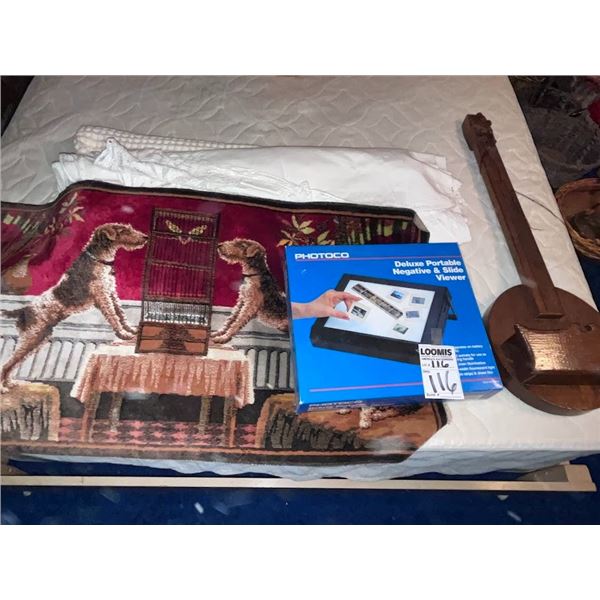 BUNDLE LOT OF WOOD BANJO WALL HOLDERS, TAPESTRY & PHOTOCO