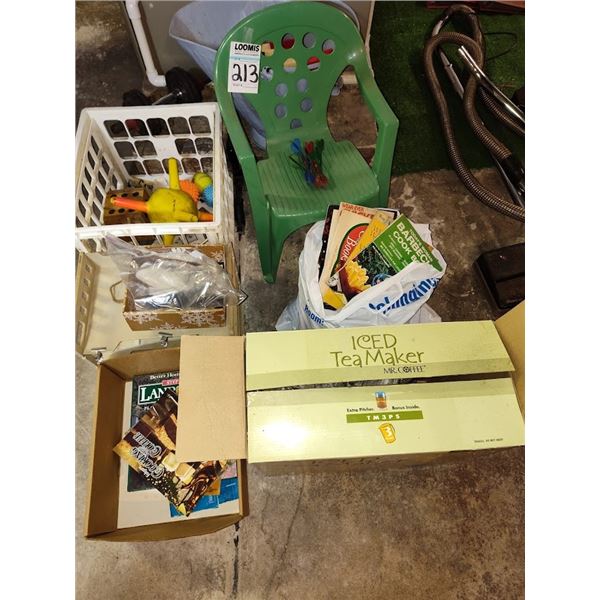ASSORTED LOT OF CHILDRENS BOOKS, CHAIR AND TOYS