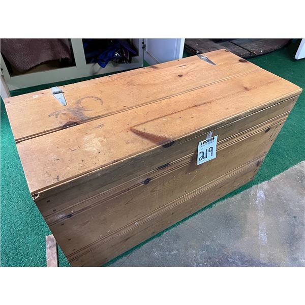 WOOD ANTIQUE CHEST W/ SPORTING GOODS