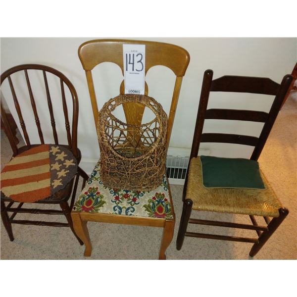 ANTIQUE CHAIRS & WICKER BASKET (SET OF 3)
