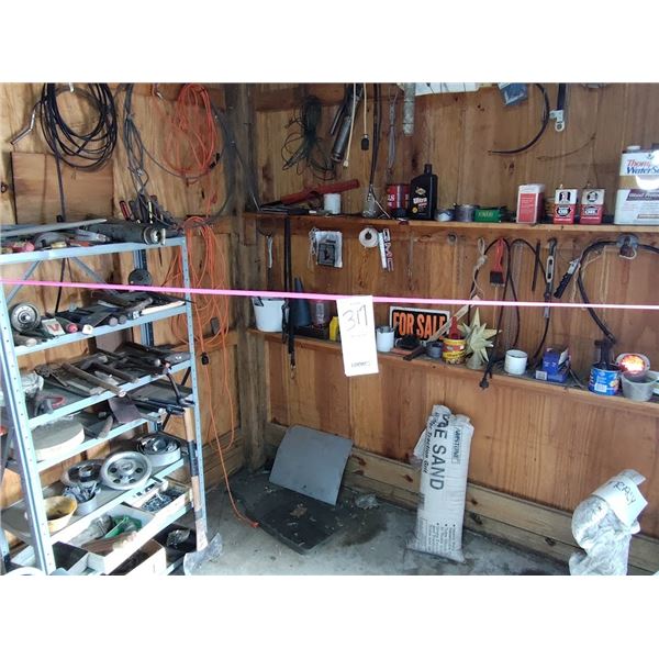 Huge lot of tools, hardware, and shelves