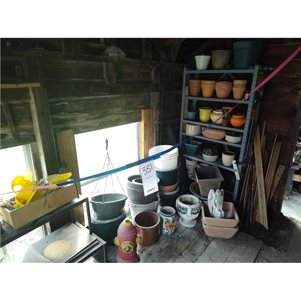 Large lot of planters, pots, gardening items, and metal shelves