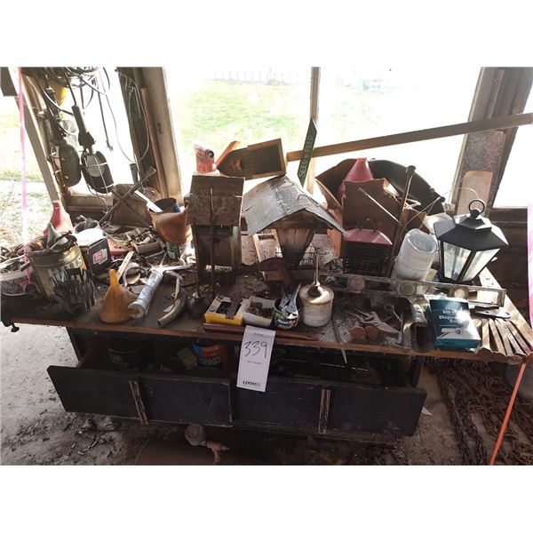 Antique work bench, with tools, birding items, and hardware