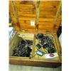 Image 1 : WOOD CHEST W/ MANY VINTAGE & ANTIQUE SEWING MACHINE PARTS