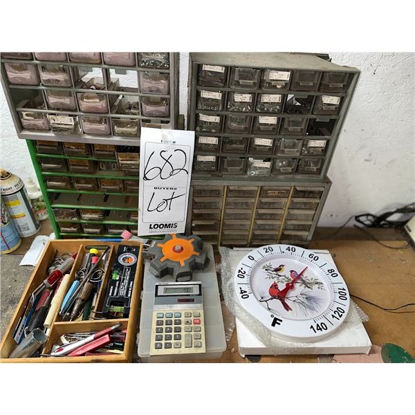 LARGE LOT OF BENCH TOOLS & ORGANIZERS W/ HARDWARE