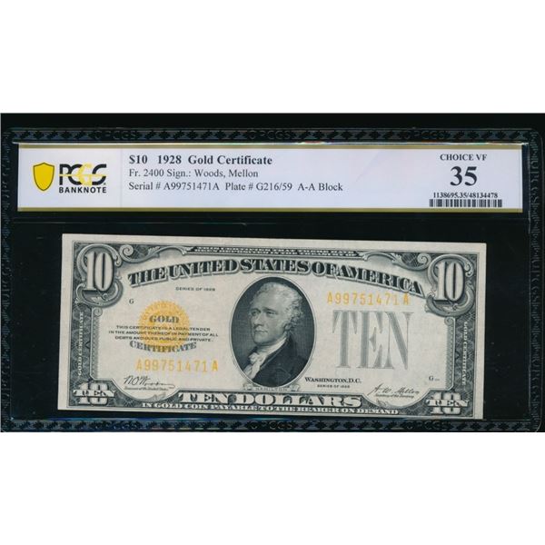 1928 $10 Gold Certificate PCGS 35