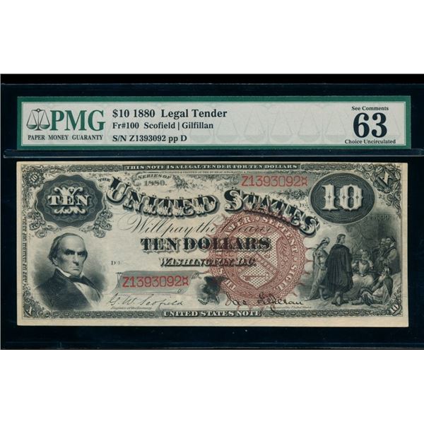 1880 $10 Jackass Legal Tender Note PMG 63