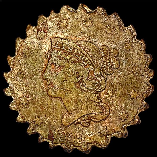 1839 Braided Hair Large Cent; Cut into a Gear HIGH GRADE