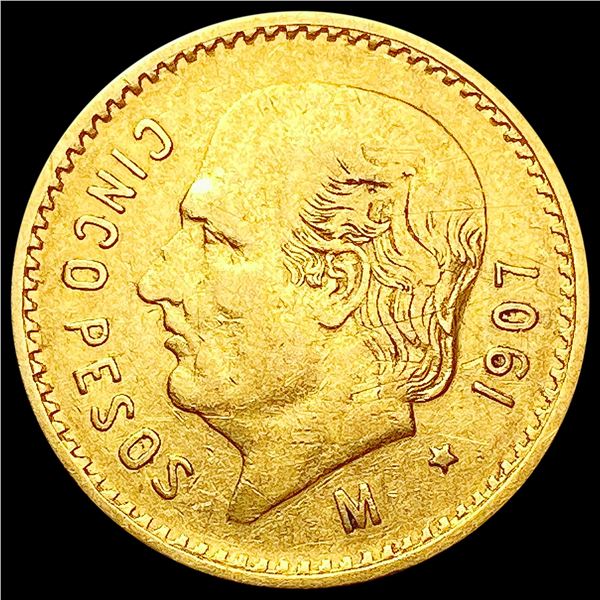 1907 Mexico Gold 5 Pesos 0.1206oz CLOSELY UNCIRCULATED