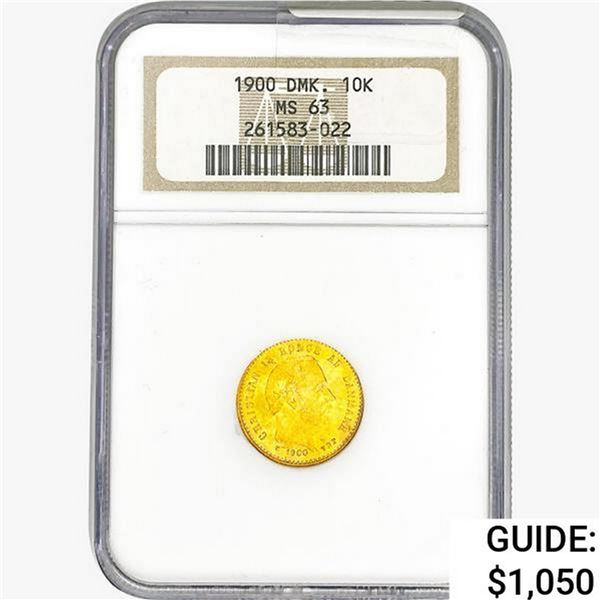 1900 .1296oz. Gold Denmark 10 Kroner NGC MS63