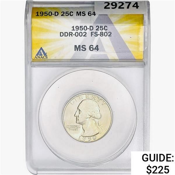1950-D Washington Silver Quarter ANACS MS64 DDR-002 FS-802