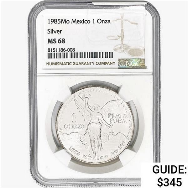 1985Mo 1oz. Silver Mexicanos Onza NGC MS68