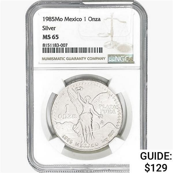 1985Mo 1oz. Silver Mexicanos Onza NGC MS65