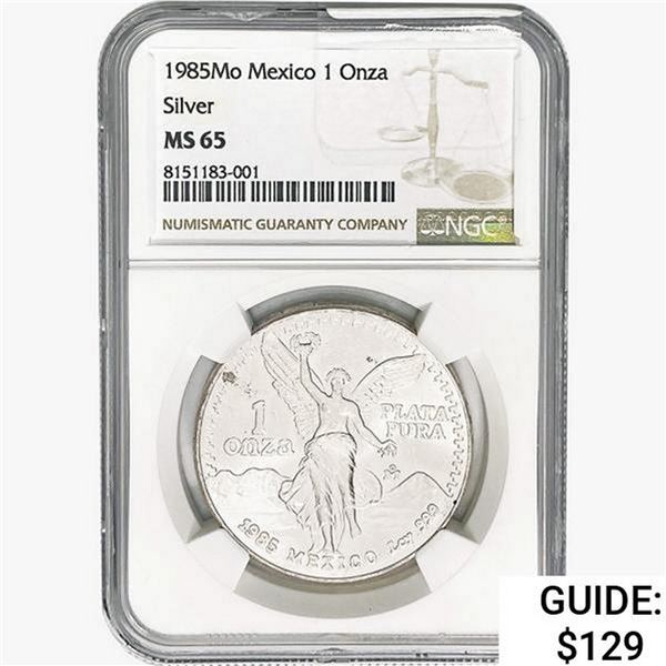 1985Mo 1oz. Silver Mexicanos Onza NGC MS65