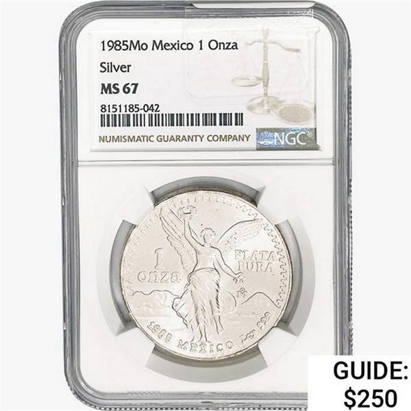 1985Mo 1oz. Silver Mexicanos Onza NGC MS67