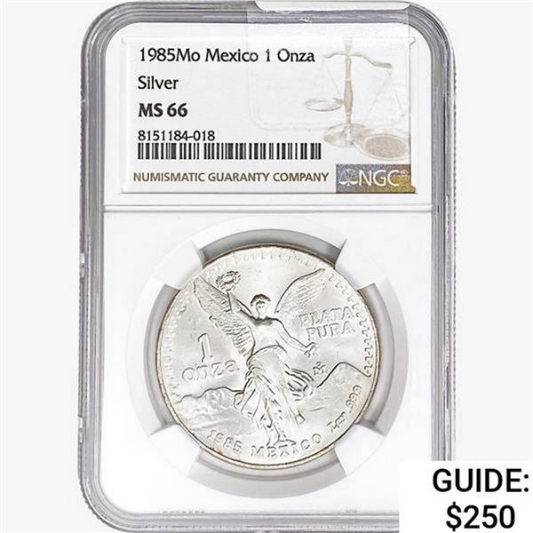 1985Mo 1oz. Silver Mexicanos Onza NGC MS66
