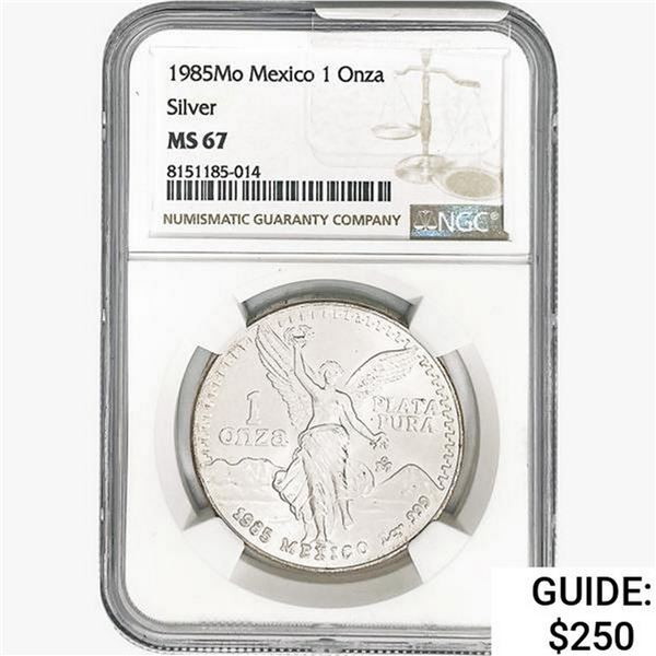 1985Mo 1oz. Silver Mexicanos Onza NGC MS67