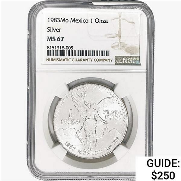 1983Mo 1oz. Silver Mexicanos Onza NGC MS67