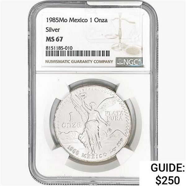 1985Mo 1oz. Silver Mexicanos Onza NGC MS67