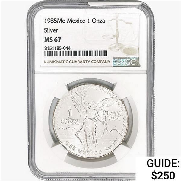 1985Mo 1oz. Silver Mexicanos Onza NGC MS67