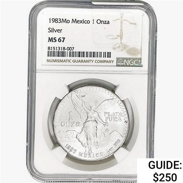 1983Mo 1oz. Silver Mexicanos Onza NGC MS67