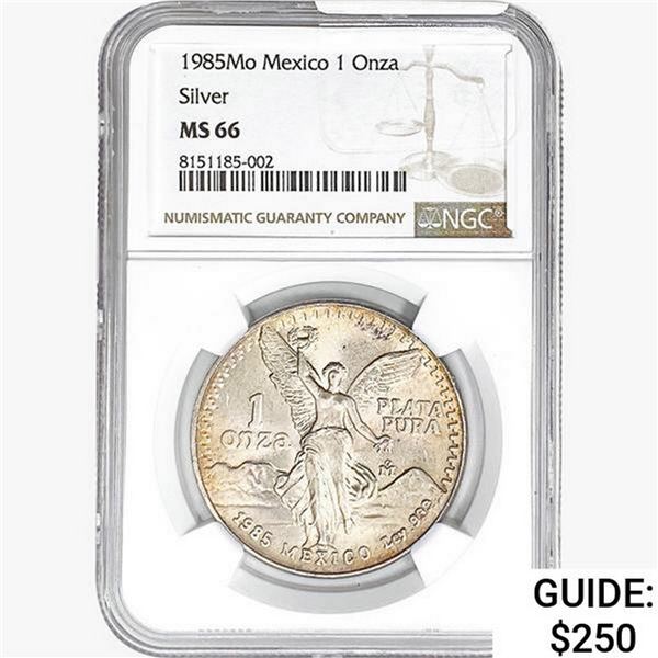 1985Mo 1oz. Silver Mexicanos Onza NGC MS66