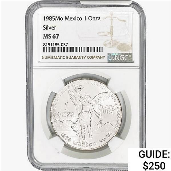 1985Mo 1oz. Silver Mexicanos Onza NGC MS67