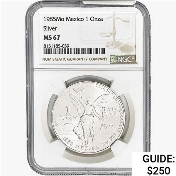 1985Mo 1oz. Silver Mexicanos Onza NGC MS67