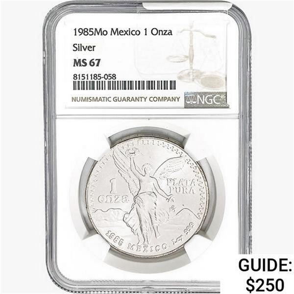 1985Mo 1oz. Silver Mexicanos Onza NGC MS67