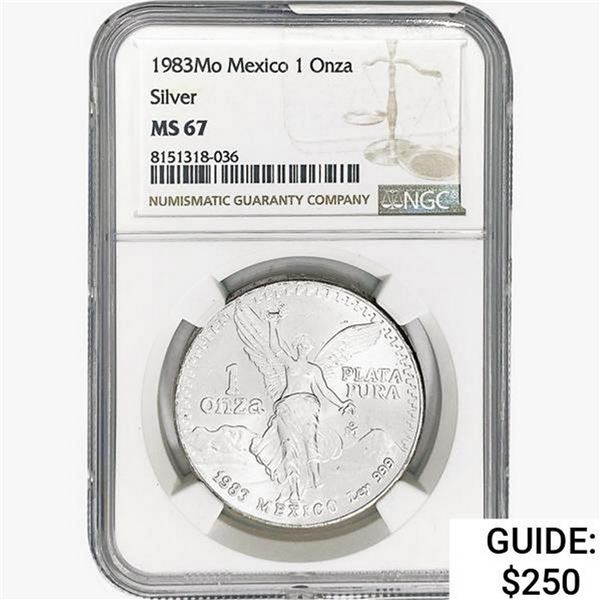 1983Mo 1oz. Silver Mexicanos Onza NGC MS67