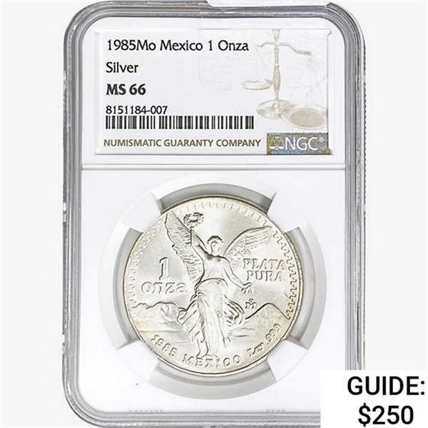 1985Mo 1oz. Silver Mexicanos Onza NGC MS66