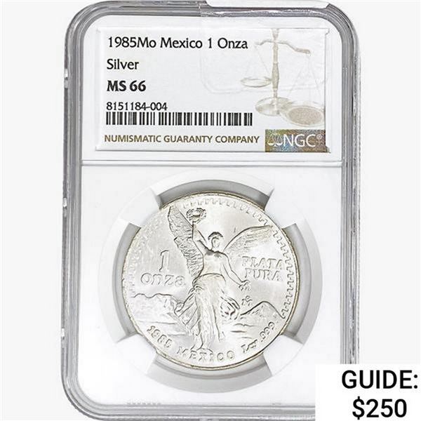 1985Mo 1oz. Silver Mexicanos Onza NGC MS66