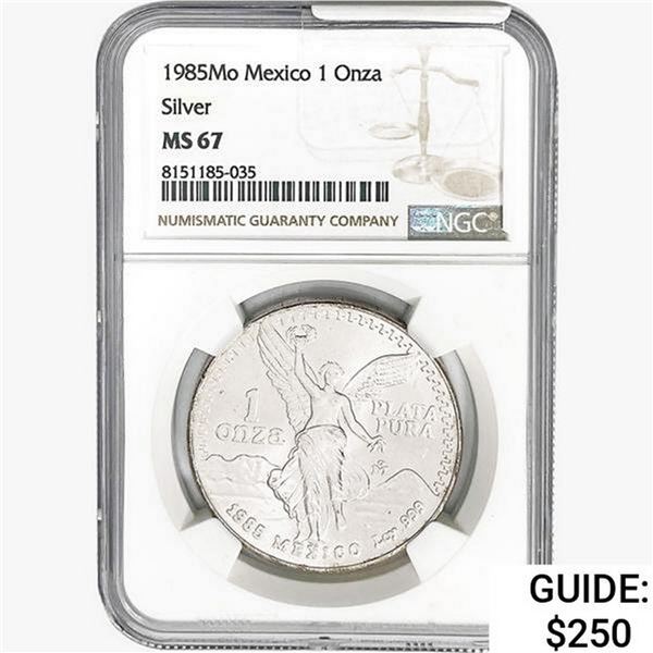 1985Mo 1oz. Silver Mexicanos Onza NGC MS67