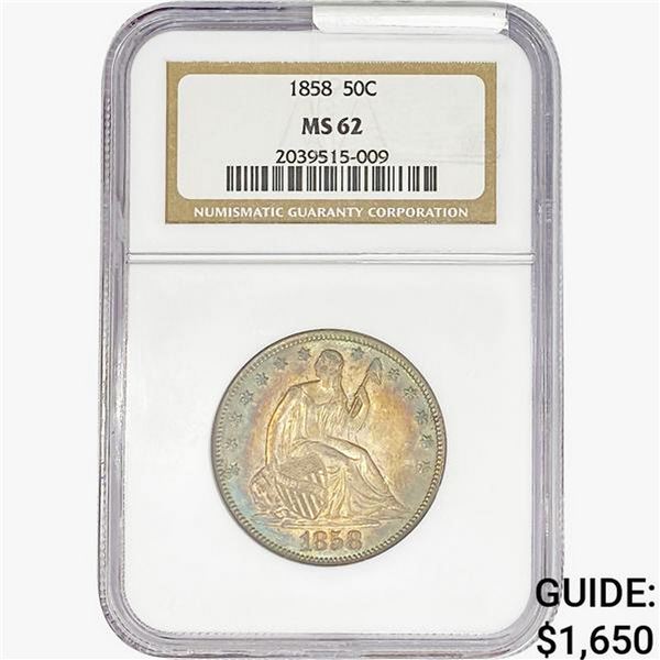 1858 Seated Liberty Half Dollar NGC MS62