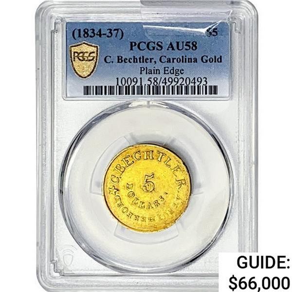 1834-37 $5 C.Bechtler Carolina G PCGS AU58 Plain Edge