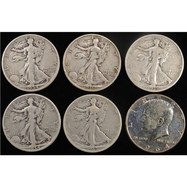 (5) WALKING LIB HALVES & (1) KENNEDY HALF