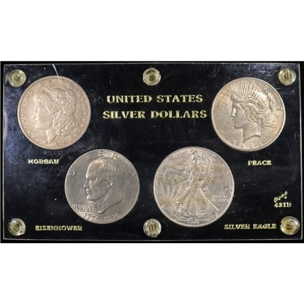 US SILVER DOLLARS 4-COIN SET IN CAPITAL HOLDER