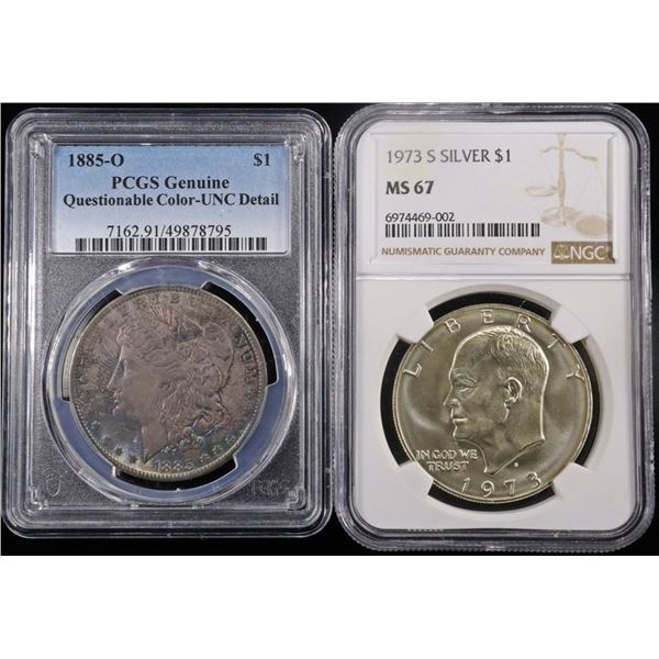 1885-O MORGAN & 1973-S SILVER IKE DOLLARS
