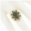 Image 3 : Vintage 14k Gold Oval Cabochon Jade Solitaire w/ Ruby Textured Flower Halo Ring
