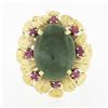 Image 4 : Vintage 14k Gold Oval Cabochon Jade Solitaire w/ Ruby Textured Flower Halo Ring