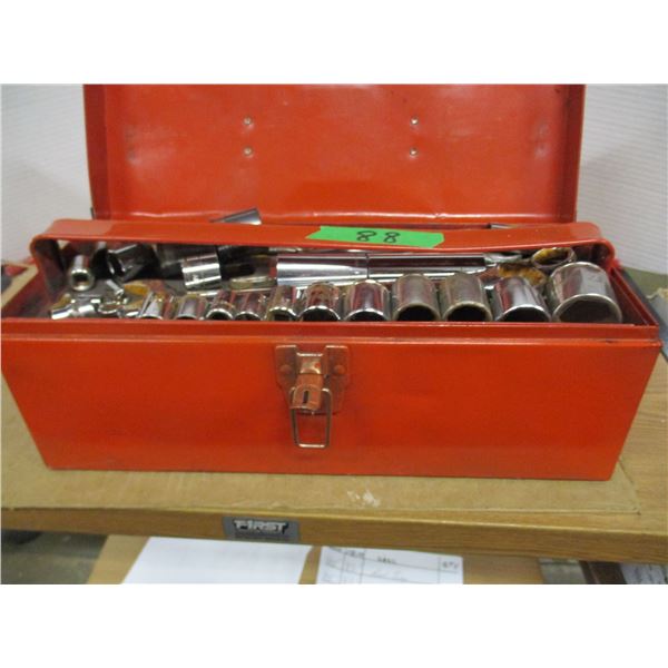 RED TOOLBOX C/W TOOLS, SAND PAPER, ETC