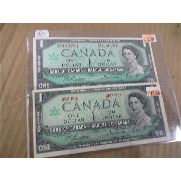 1967 CANADA CENTENNIAL DOLLAR BILLS (WITH SERIAL NUMBER & WITHOUT SERIAL NUMBER)
