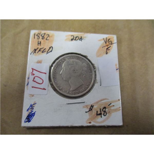 1882H VICTORIAN NEWFOUNDLAND SILVER 20 CENT COIN