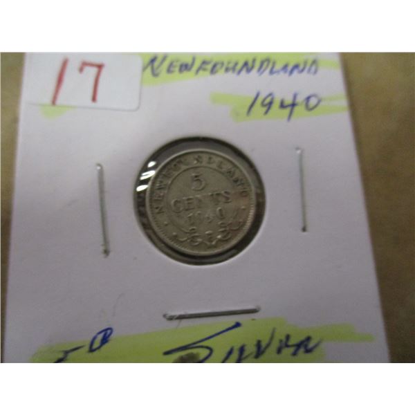 1940 NEWFOUNDLAND SILVER 5 CENT COIN