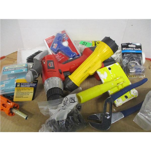 TOTE C/W DRILL, GLUE GUN, PLASTIC BAGS, TOOL, ETC
