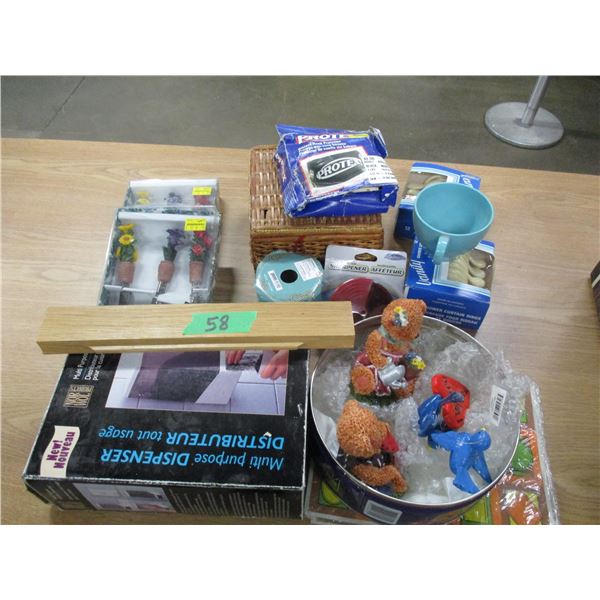 ESTATE:  BOX C/W WICKER, DOLLS, WEATHER STRIPPING, ETC