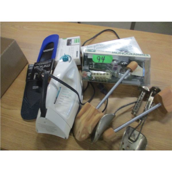 ESTATE:  FLAT C/W IRON, 2 GOLF BALL MONOGRAMMERS, SHOE STRETCHER, ETC