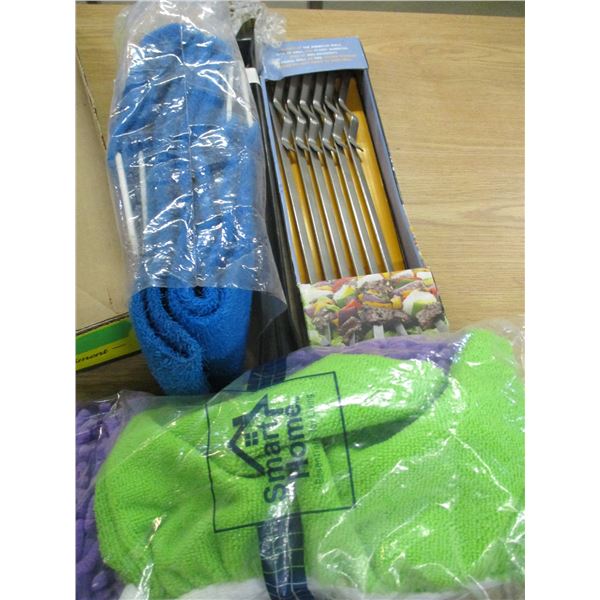 ESTATE:  TOTE C/W MOP HEADS, SCRUBBERS, SKEWERS, BBQ BRUSH, ETC