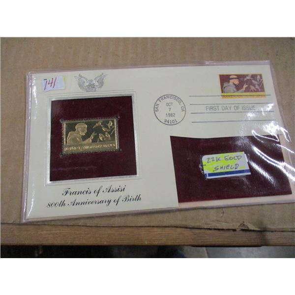 22 KARAT GOLD SHIELD FRANCIS ASSISI 80 TH ANNIVERSARY OF BIRTH STAMP