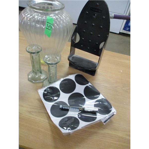ESTATE:  BOX C/W VASE, IRON HOLDER, ETC